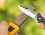 Coarse & fine diamond stones in one compact sharpener Soft grip rubber handle Thumb guard Sharpening groove for fish hooks & pointed tools
