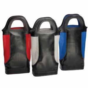 material, this two bottle wine carrier zips neatly together for ease of carrying.