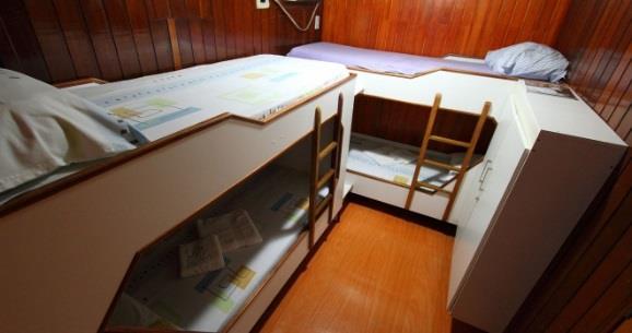 The cabins have bunk beds, private bathroom, and air-conditioning.
