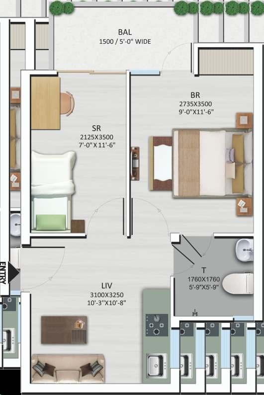1 BH (TYPE I) - Unit No.6 at Ground and from 4th to 27th Floor Tower No. A4 Total Area - 52.95 sq.mt. (570 sq.ft.) Carpet Area - 31.78 sq.mt. (342 sq.