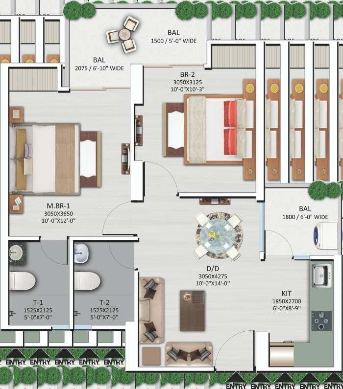 2 BHK (TYPE 2) - Unit No.2 & 3 from 3rd to 29th Floor Tower No.
