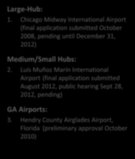 Luís Muñoz Marín International Airport (final application submitted August 2012, public hearing Sept 28, 2012, pending) GA Airports: 3.