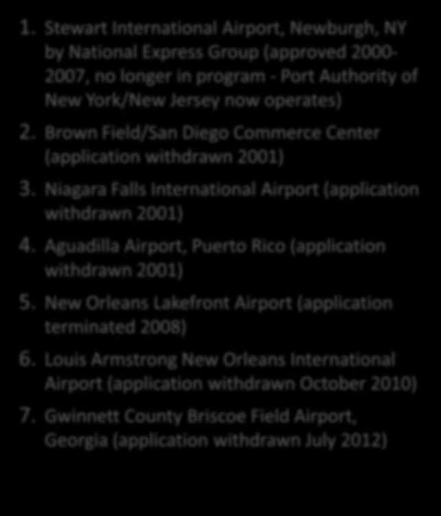 Stewart International Airport, Newburgh, NY by National Express Group (approved 2000-2007, no longer in program - Port Authority of New York/New Jersey now operates) 2.