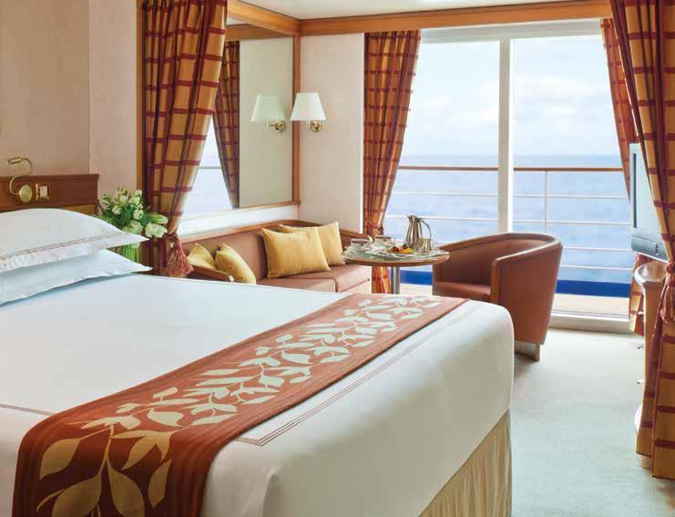 Space abounds aboard, with all-suite accommodations ranging from 300 to over 1,100 square feet and a private, furnished balcony complementing 90% of the suites.