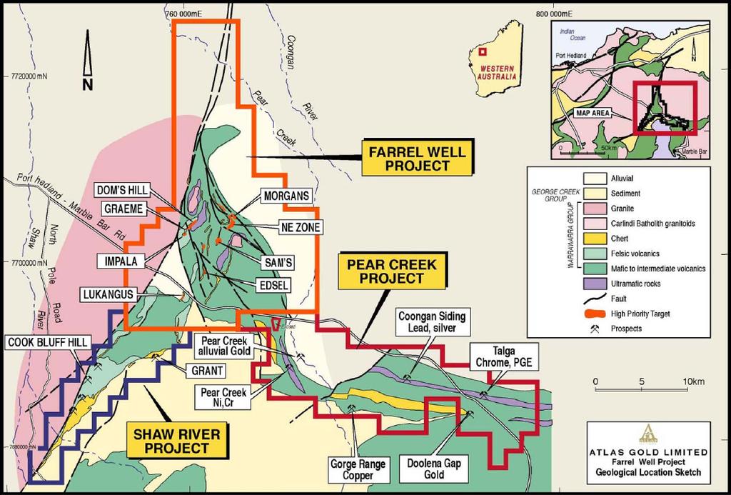Farrel Well, Shaw River and Pear Creek Projects Location Plan Ground EM Surveys were undertaken over the Morgans, Doms and Impala Prospects.