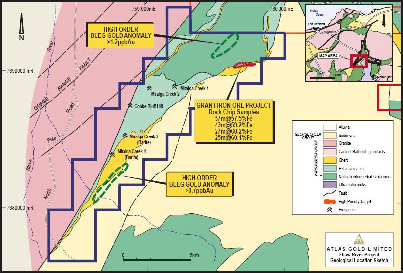 Iron ore resources held by BHP Billiton at Pincunah and Lalla Rookh to the south west within the same geological formation also support the company s view that the Shaw River Project is prospective