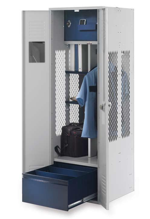 This design frees up valuable floor space in front of the locker when the drawer is not in use and features vertical dividers that permit you to create compartments or just use the drawer to stow