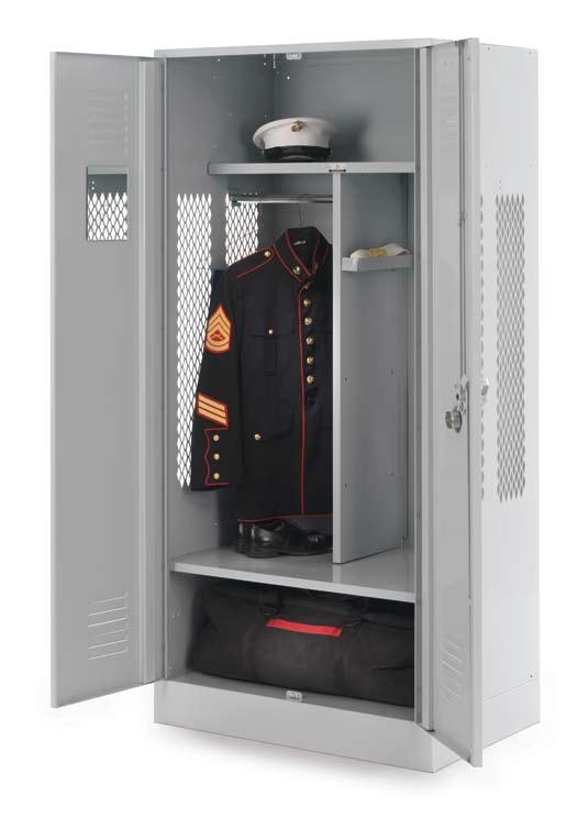 The ample storage areas at both top and bottom of the 36 inch wide model shown on this page still leaves almost 4 feet between the shelves for hanging uniforms and other gear.