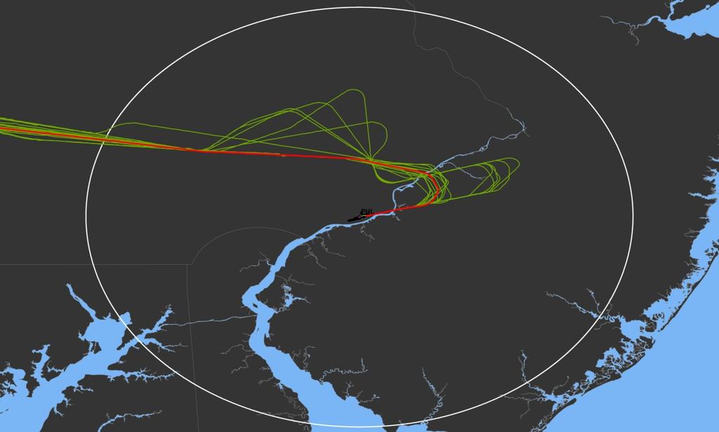 Example 3 Additional time in terminal airspace (ASMA) For this indicator, an ideal trajectory as shown in red is compared to actual trajectories shown in green.
