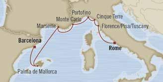 europe Europea Hideaways barceloa to Rome 7 days Oct 23, 2015 riviera 2 for 1 Cruise fares Bous savigs of $1,000 day port arrive depart Oct 23 Barceloa, Spai Embark 1 pm 7 pm Oct 24 Palma de