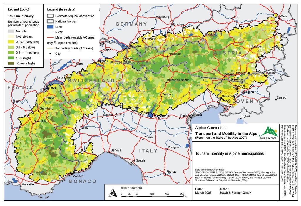 Tourism intensity in the area of the Alpine Convention Tourism intensity =