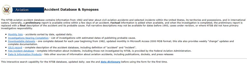 Accessing the NTSB Database Use your web browser to access