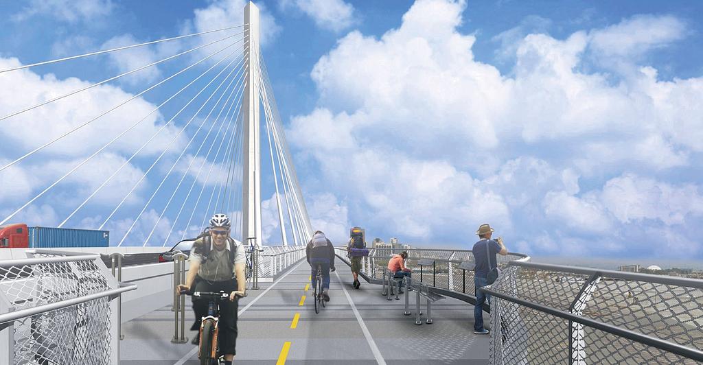 The new bridge will have a separated bicycle and pedestrian path leading to an observation deck along its southern edge.