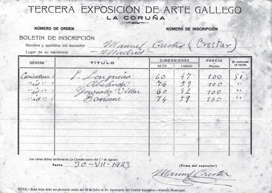 XESÚS TORRES REGUEIRO Boletín de inscripción coas obras aportadas por Crestar á 3ª Exposición de Arte Gallego celebrada na Coruña en 1923.