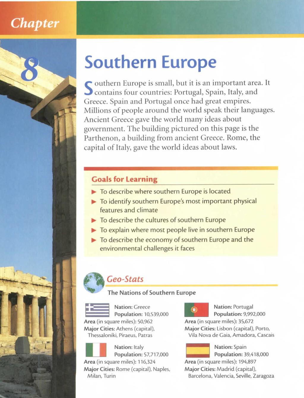 Southern Europe Southern Europe is small, but it is an important area. It contains four countries: Portugal, Spain, Italy, and Greece. Spain and Portugal once had great empires.