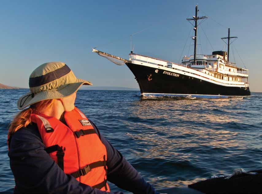 IE guest Pam Boyd and the M/V Evolution in Tagus Cove skip the crowds on Our intimate galapagos voyage Our Ship: Carrying a maximum of just 32 guests, the spacious M/V Evolution is large enough for