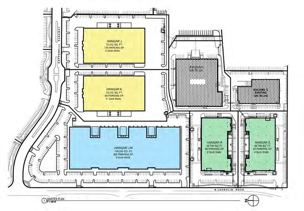 SITE PLAN HANGARS J & K 70,312± sf Industrial/ Warehouse each with four (4) dock wells, & potential for grade-level every 20 feet 24-30 Clear Height Can be demised down Floor drains available Night