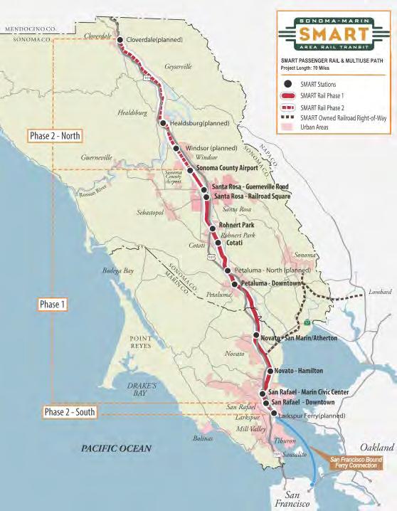 LIGHT RAIL In 2008, voters approved the Sonoma-Marin Area Rail Transit (SMART) to create a passenger rail and bicycle-pedestrian pathway project through Sonoma and Marin counties.