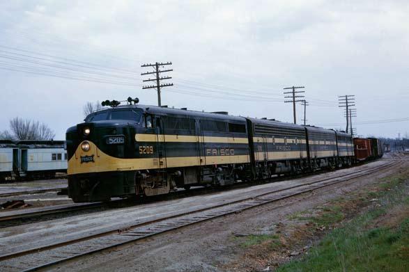 In February, 1967, E8 #2013 brings westbound train #1, now The Oklahoman, into Neosho for its late afternoon station stop. Trains 1-2 will make their final runs on May 13, 1967.