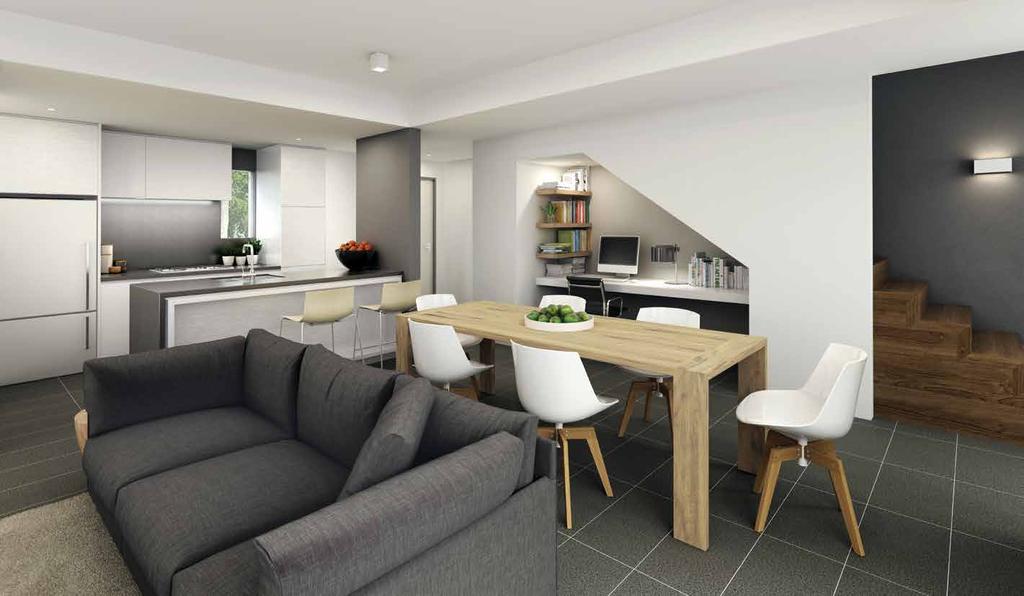 INTERIORS AVA Terraces feature wonderfully spacious light filled living areas. The kitchen, as well as the bathrooms and laundry have polished quartz bench tops and clean contemporary lines.