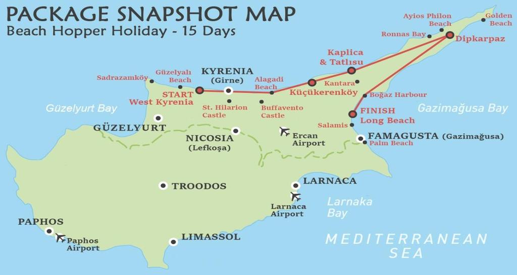 Itinerary at a glance Day 1 Arrive in North Cyprus, settle in the hotel Day 2 Beach day.