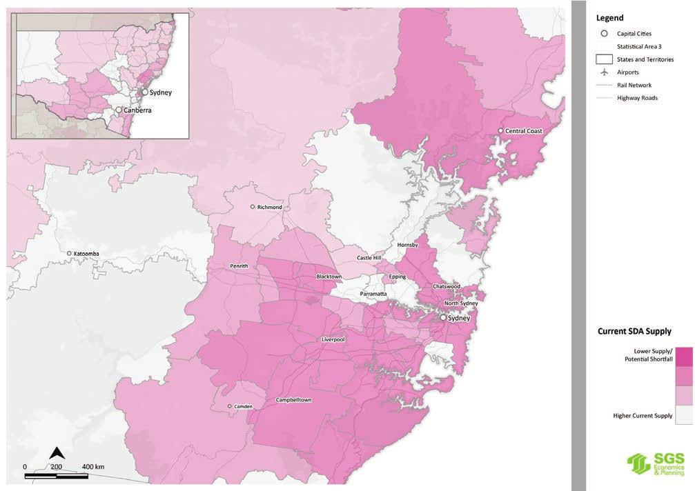 SYDNEY AND NEW SOUTH WALES 3.2 Greater Sydney has an under-provision of SDA compared to the regional areas of NSW. In particular, the inner ring of Sydney has the greatest shortfalls of SDA provision.