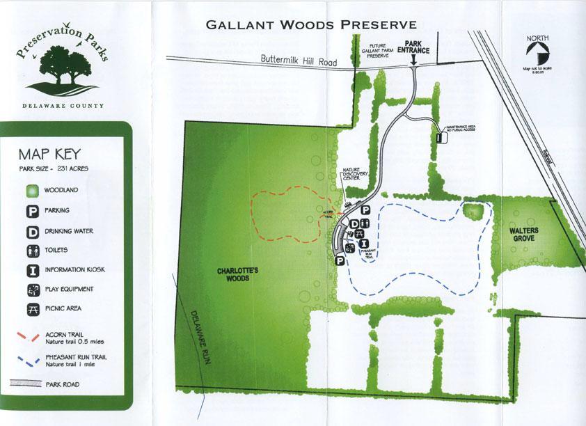 , drive over the train tracks and in about 1/4 mile you will reach the entrance to both Gallant Woods Preserve and Gallant Farm Preserve.