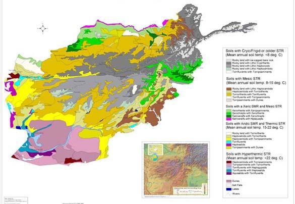 Karta 8.2.: Srednje junijske temperature tal v Afganistanu.