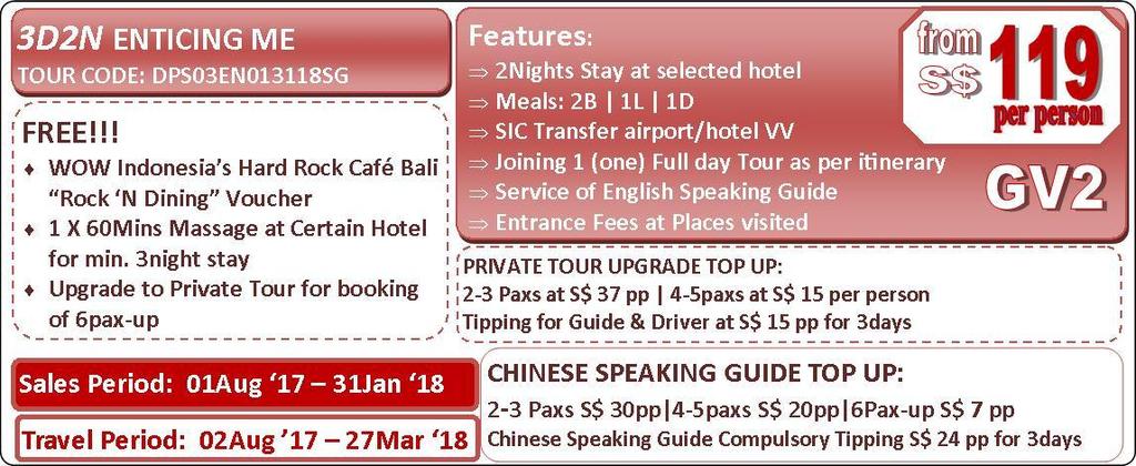 ITINERARY D1 ARRIVAL FREE TIME IN BALI Upon Arrival and Met your Local Host and taken you directly to your hotel for check-in.