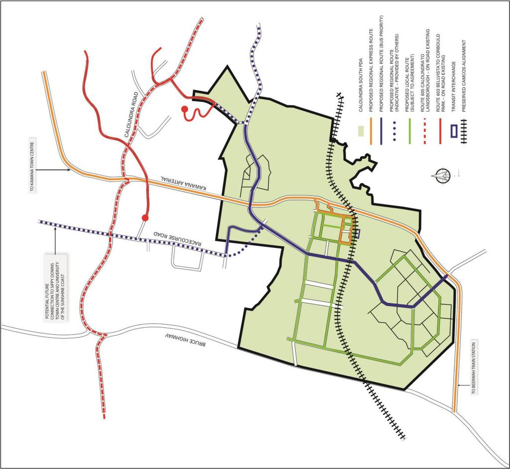 Figure 4-2 Proposed public transport network strategy (source: MWH Caloundra South ) While Caloundra South can become a self-contained community, the delivery of CAMCOS can provide public transport