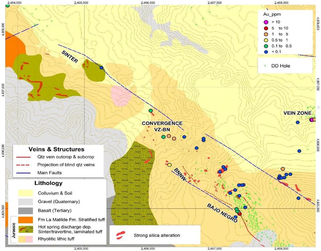 target and within the NW district scale structural corridor along Sinter Outcropping chalcedonic silica