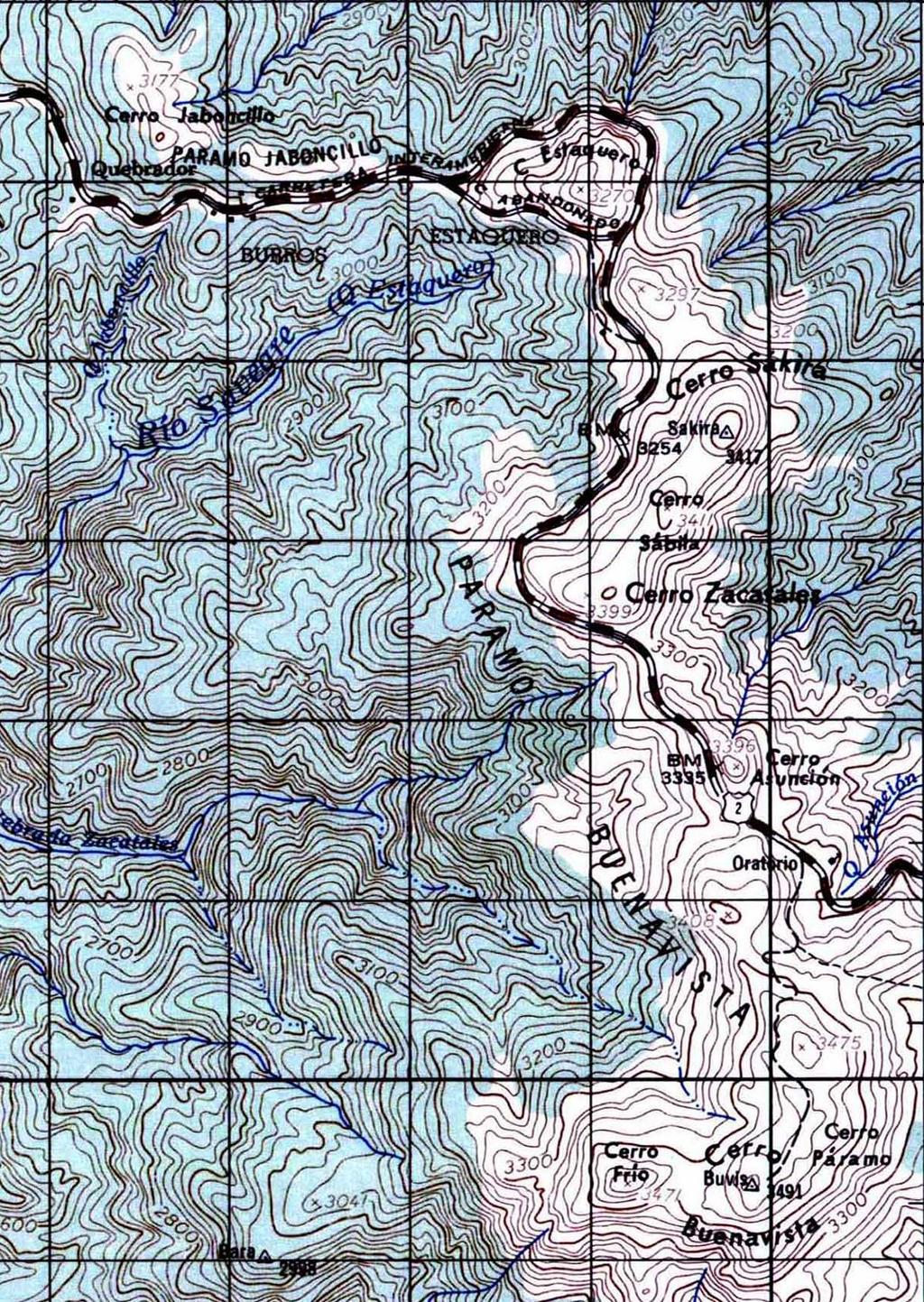 Figure 3. A portion of the 1:50,000-scale Vueltas topographic quadrangle published by the Institúto Geográfico Nacional, showing the Buenavista páramo.