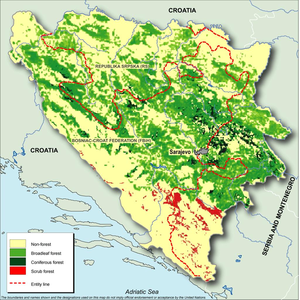 Figure 3. Map of forests in BIH The major and key issues in forestry are given as follows: Biotic and abiotic threats to forests.