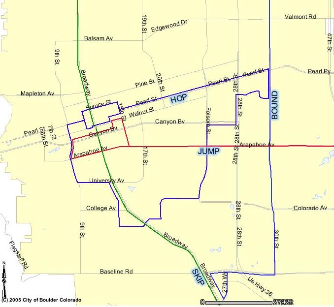 Public buses traveling through or near the university: Maps of boulder (including detailed bus