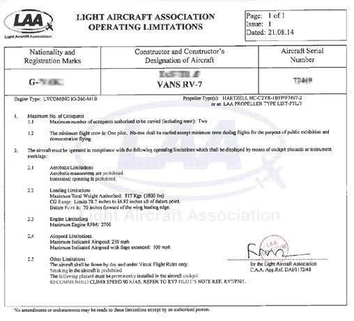 Permit to Fly (A5-sized, laminated, issued by the CAA via LAA, with conditions on the reverse side) Operating