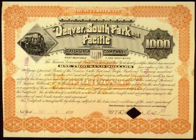 Stock Certificate Denver, South Park & Pacific Railroad 13