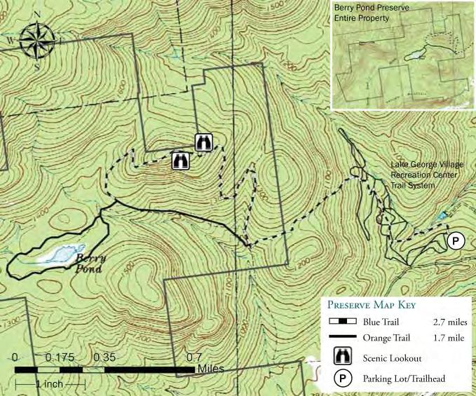 Chapter Three: Hiking Trails The Berry Pond Preserve is comprised of 1,436 acres in the Towns of Lake George, Warrensburg and Lake Luzerne.