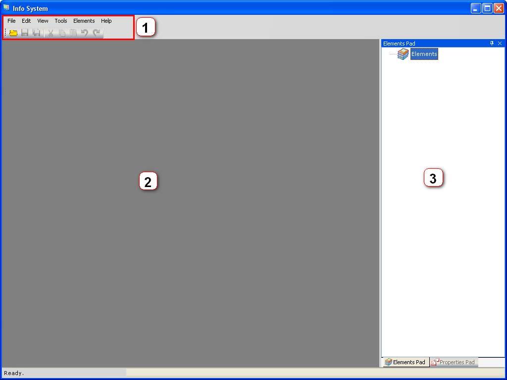 4. Преглед Графичкиот интерфејс на апликацијата (Слика 7) е прегледен и поделен на неколку логични целини (на сликата означени со бројки од 1 до 3): 1. главно мени и лента со икони - копчиња 2.