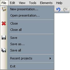 Мени File New presentation - креира нова презентација Open presentation - отвора постоечка презентација Close затвора отворена