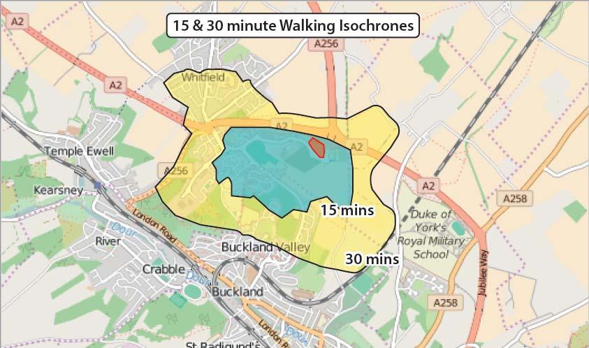 2.13 Figure 2.2 shows the 15 minute and 30 minute walking isochrones for the site. Figure 2.2 15 (purple) and 30 (green) minute indicative walking isochrones 2.14 Figure 2.