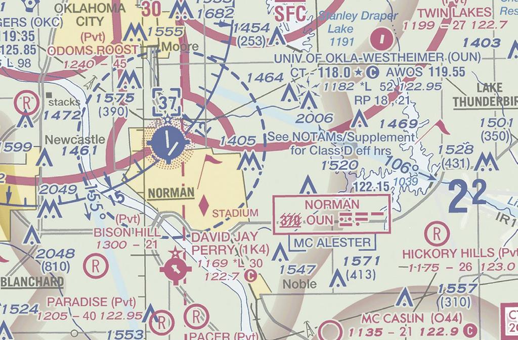VFR PROCEDURES ARRIVALS OVER LAKE THUNDERBIRD CAUTION: WAKE TURBULENCE FROM HEAVY MILITARY AIRCRAFT N35 14 36 W97 28 15 INTERSECTION OF US-77 & E ROCK CREEK ROAD N35 14 50 W97 25 24 6NM @ 295 2500MSL