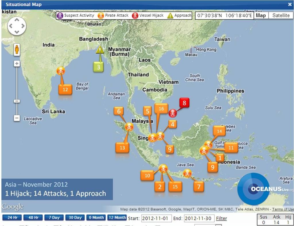 Southeast Asia Southeast Asia Fig 3: South East Asia South East Asia Piracy and Robbery At Sea November 2012 Serial Date Vessel Name Flag/Type Location (Type of Incident) 1 2 Nov Vishva Nidhi India