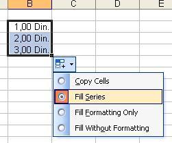 Kopiranje sadržaja (2) Autofill - kopiranje sadržaja u susedne ćelije po vrsti/koloni jednostavno kopiranje sadržaja popunjavanje serije (uvećanje za jedan u