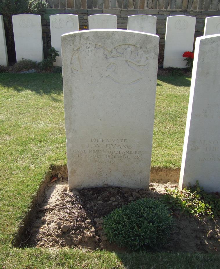 Private Joseph Wellington Evans (Regimental Number 181) is buried in Hawthorn Ridge Cemetery