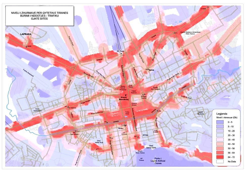 Harta e nivelit të zhurmave në qytetin e Tiranës me burim ndotje trafikun gjatë ditës(burimi: Raporti i Gjendjes së Mjedisit 2014, AKM) Krahas trafikut, i cili përfaqëson burimin kryesor të ndotjes