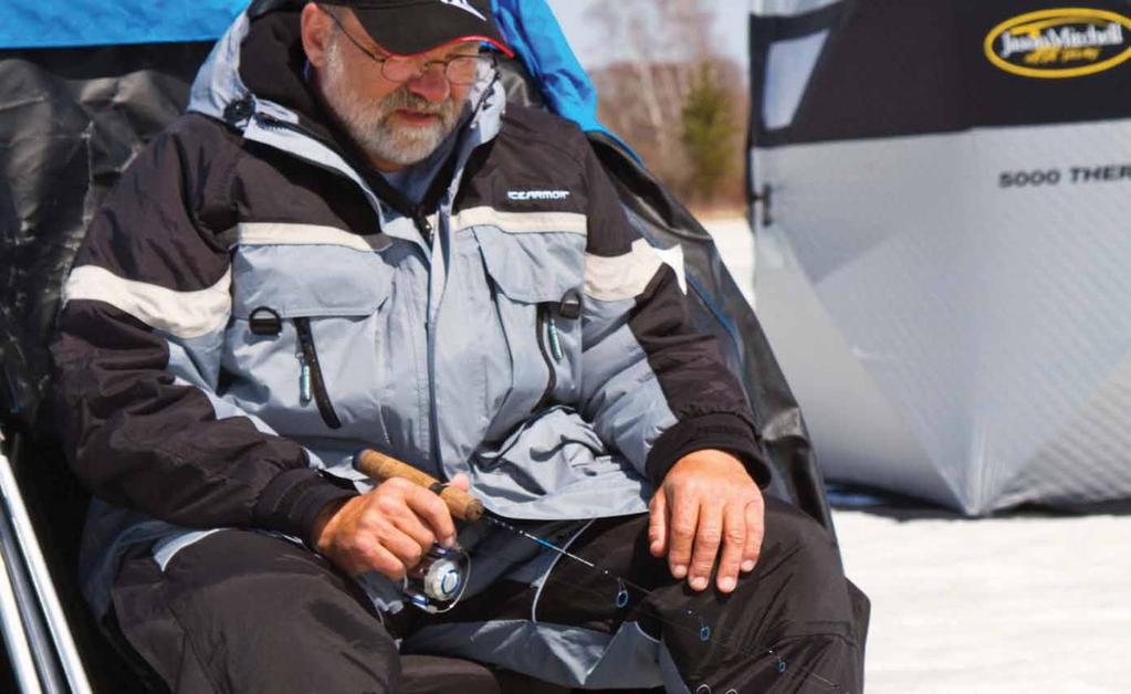 THE EXTREME COLD WEATHER PARKA & BIBS 100%THERMAL TRAP TECHNOLOGY WINDPROOF & WATERPROOF RICK JOHNSON CLAM AND ICE TEAM PRO THERMAL TRAP Comfortable fleece lining Two-way zipper with brass snaps Two