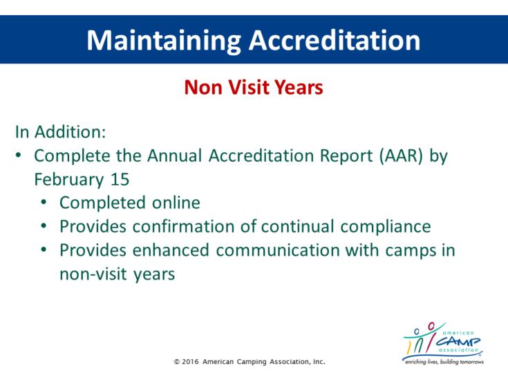 Maintaining Accreditation in Non-Visit Years Everything shared in the previous slide PLUS Complete the Annual Accreditation Report by February 15 Completed on-line Purpose is report is to: Provide