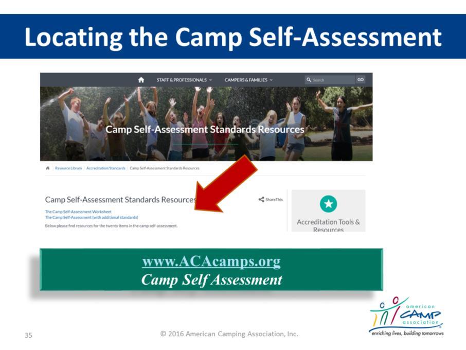 Camp Self Assessment You can find a copy of the Camp Self-Assessment 1. In the APG pages 261-266 2. On the ACA website on the Accreditation Information & Forms(Two versions) a.