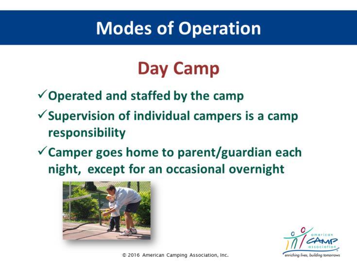 Modes of Operation Day Camp [animation] Explain Day Camp Mode of operation is defined as Operated and staffed by the camp Supervision of individual
