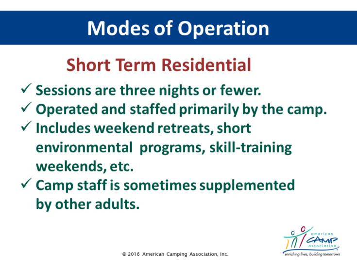 Modes of Operation Short-Term Residential [animation] Explain Short-Term Resident Camp Mode of operation is defined as Sessions are three nights or fewer Operated and staffed primarily by the